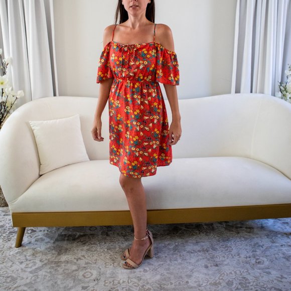 Peach Love California Off Shoulder Tie Dress LG - Picture 3 of 4